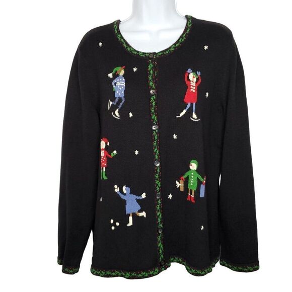 Appleseed's Sweaters - NEW Appleseeds Christmas Holiday Cardigan Sweater L People Ice Skater Snowballs